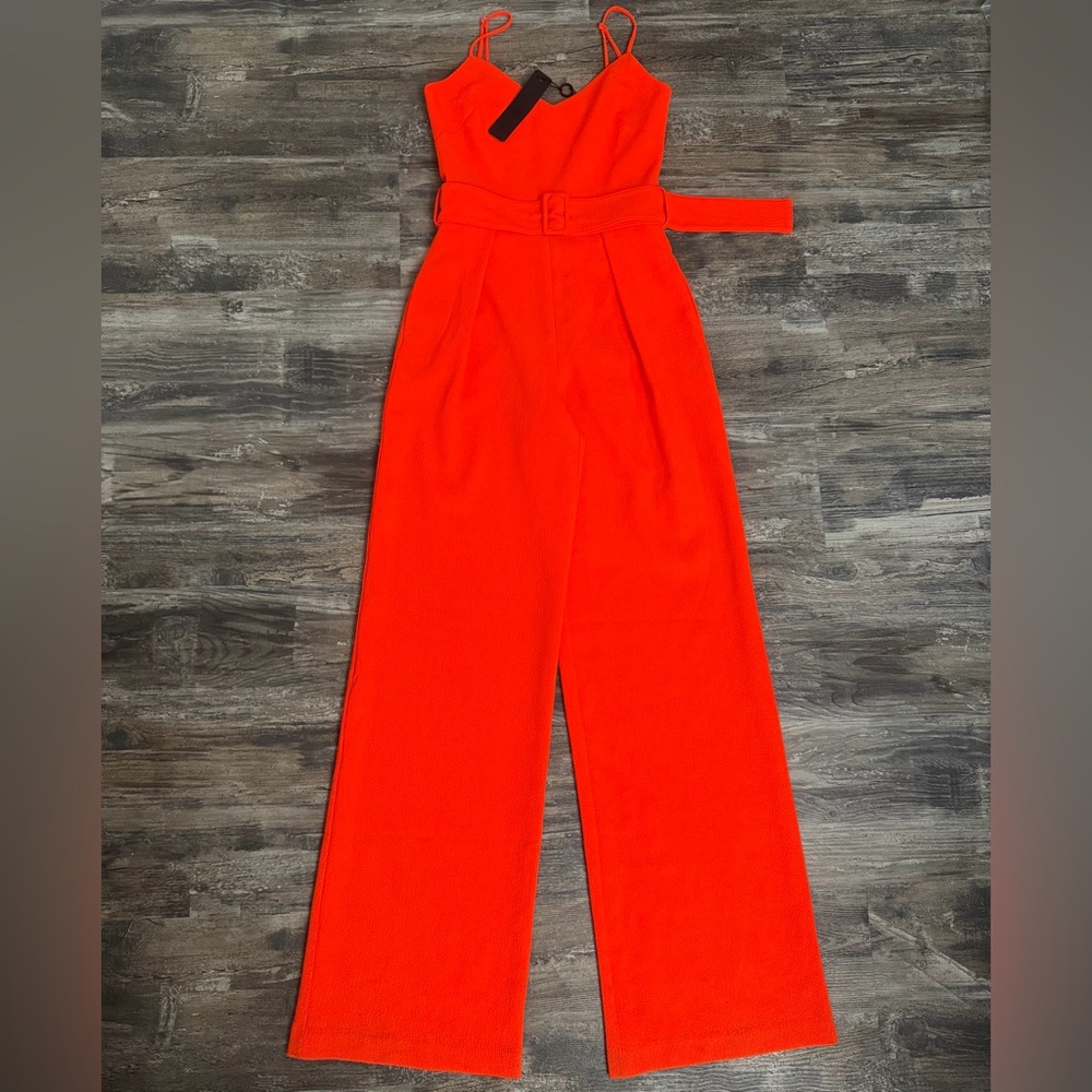 Black Halo Evie Wide-Leg V-Neck Belted Sleeveless Orange Jumpsuit W/Pockets Sz 2 - Picture 4 of 8